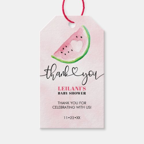 Pink Watercolor Watermelon Baby Shower Thank You Gift Tags - Add a cute gift tag for your baby shower favors. This gift tag features a watercolor watermelon with a heart.