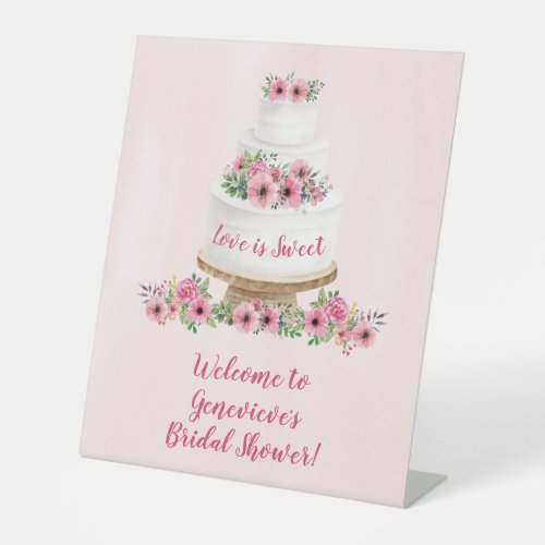 Pink Watercolor Wedding Cake Bridal Shower Pedestal Sign