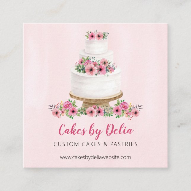 Pink Watercolor Wedding Cake Square Business Card (Front)