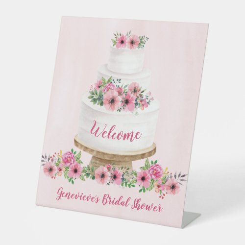 Pink Watercolor Wedding Cake Welcome Pedestal Sign