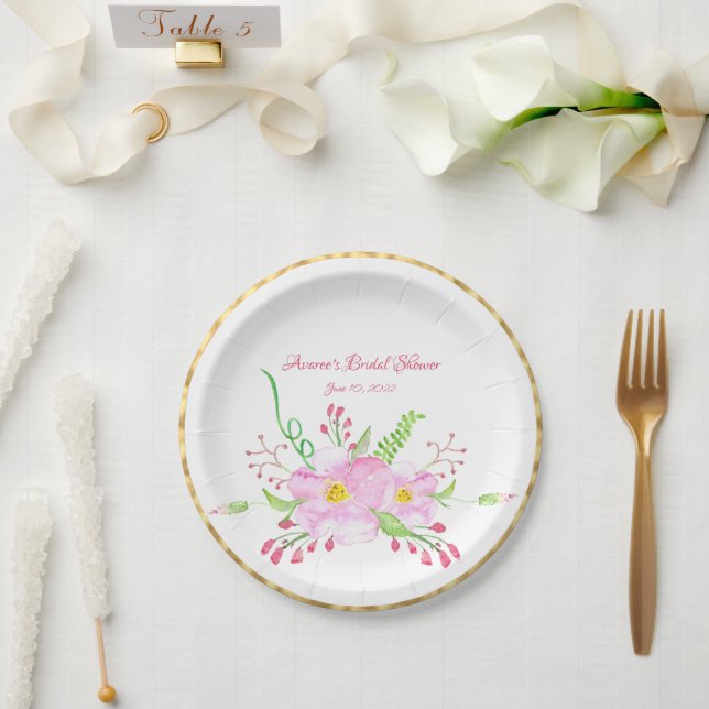 Pink Watercolor Wild Roses  Paper Plates (Wedding)