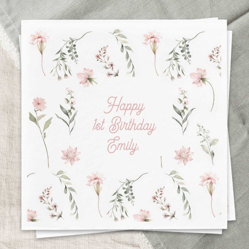 Pink Watercolor Wildflower and greenery 1st Birthd Napkins
