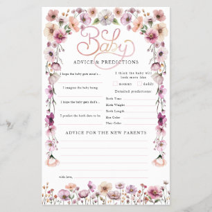Pink Watercolor Wildflower Baby Shower Advice Card Flyer