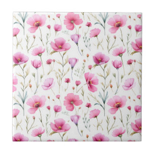 Pink Watercolor Wildflower Ceramic Tile