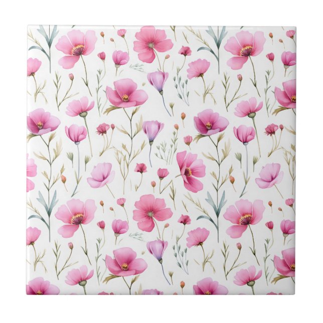 Pink Watercolor Wildflower  Ceramic Tile (Front)