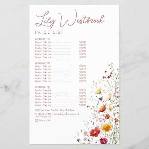 Pink Watercolor Wildflower Elegant Service Menu Flyer