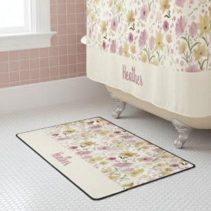 Pink Watercolor Wildflower Monogram Name Bath Mat