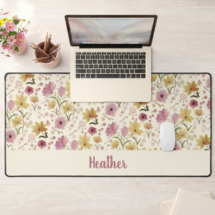 Pink Watercolor Wildflower Monogram Name Desk Mat