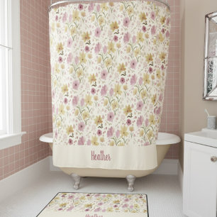Pink Watercolor Wildflower Monogram Name Shower Curtain