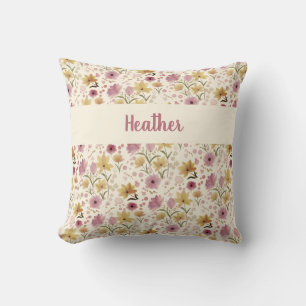 Pink Watercolor Wildflower Monogram Name Throw Pillow