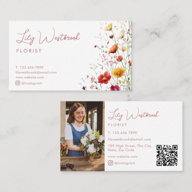 Pink Watercolor Wildflower Script Photo QR Code Business Card (Front/Back)