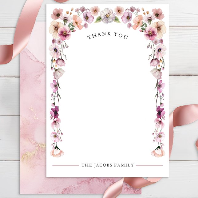 Pink Watercolor Wildflower Thank You Card – Dusty  (Blank Floral Thank You Card)