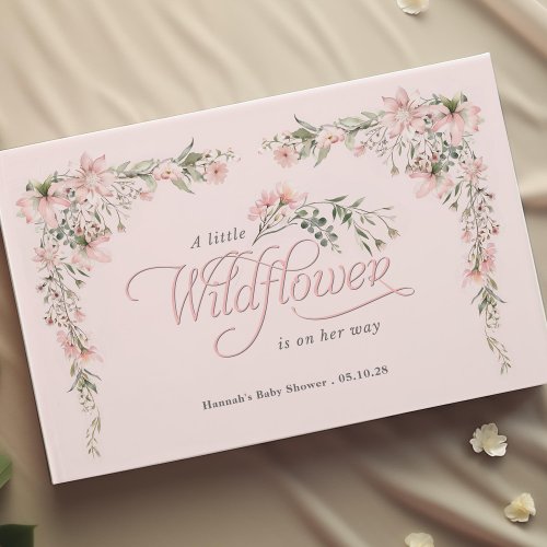 Pink watercolor wildflower themed baby girl shower guest book