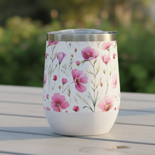 Pink Watercolor Wildflower  Thermal Wine Tumbler