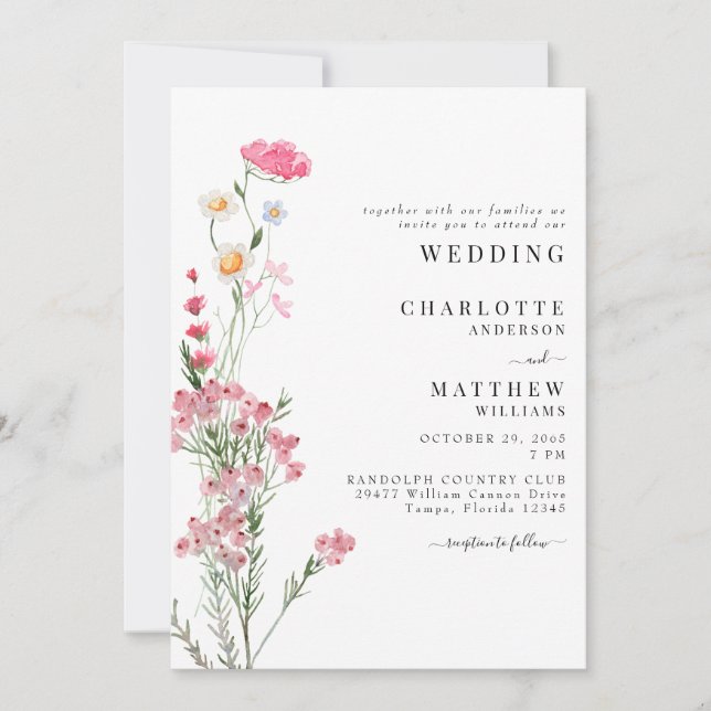 Pink Watercolor Wildflower Wedding  Invitation (Front)