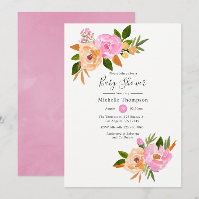 Pink watercolor wildflowers Baby Shower Invitation (Front/Back)