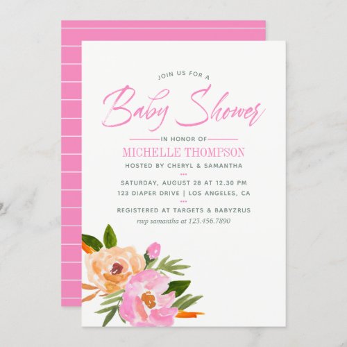 Pink watercolor wildflowers Baby Shower Invitation