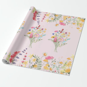 Pink Watercolor Wildflowers Colorful Wrapping Paper