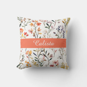 Pink Watercolor Wildflowers Monogram Name Throw Pillow
