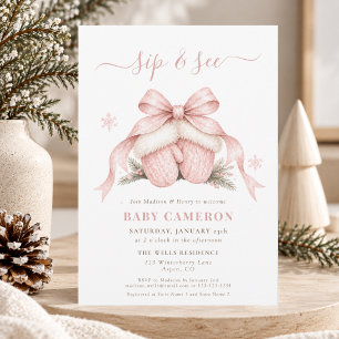 Pink Watercolor Winter Baby Girl Sip And See Invitation