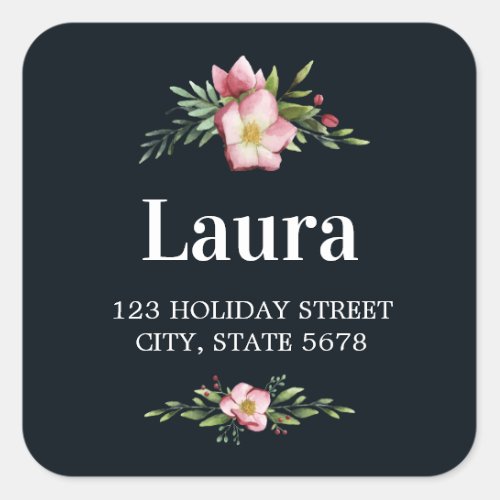 Pink Watercolor Winter Blooms  Black Address Square Sticker