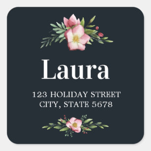 Pink Watercolor Winter Blooms Black Address Square Sticker