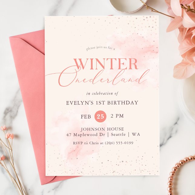 Pink Watercolor Winter Onederland Girl Birthday Invitation (Creator Uploaded)