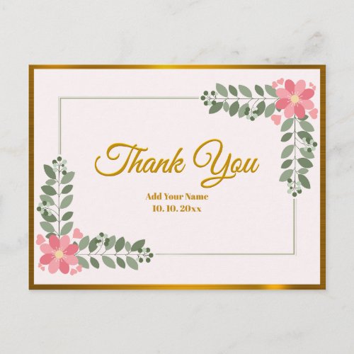 Pink Watercolor with Gold Foil Script Thank You Postcard
