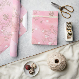 Pink watercolor with golden glitter snowflakes wrapping paper