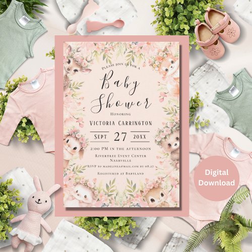 Pink Watercolor Woodland Animals Baby Shower Invitation