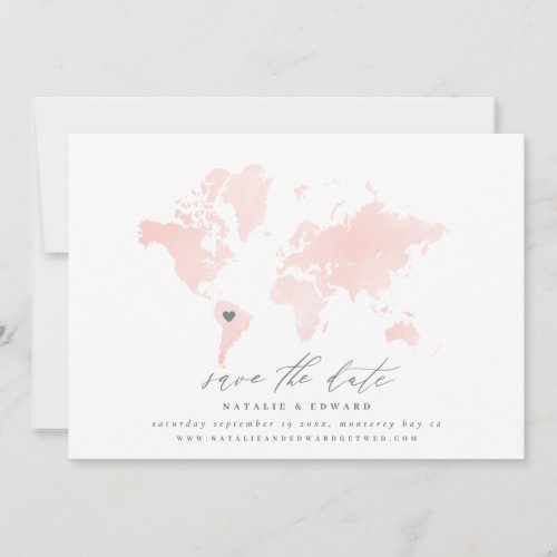 Pink watercolor world map wedding announcement