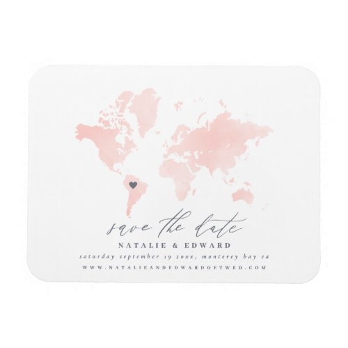 Pink watercolor world map wedding announcement magnet