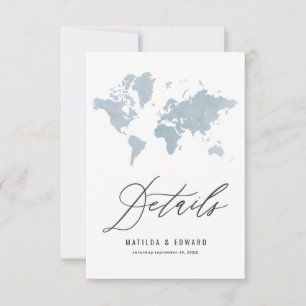 Pink watercolor world map wedding details RSVP card
