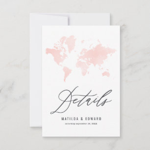 Pink watercolor world map wedding details RSVP card