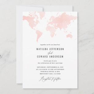 Pink watercolor world map wedding travel