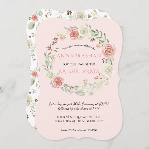 Pink Watercolor Wreath Annaprashan Baby Girl Invitation