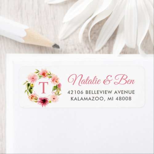 Pink Watercolor Wreath Monogram Return Address Label