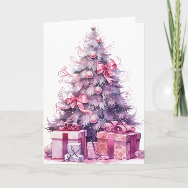 Pink Watercolor Xmas Tree Card (Front)