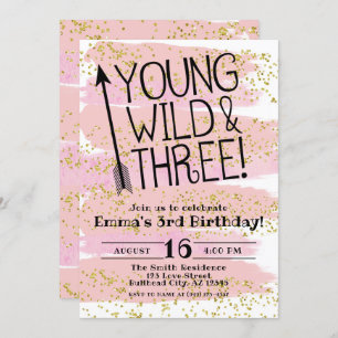Pink Watercolor Young Wild & Three 3rd Birthday Invitation