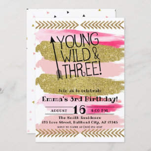 Pink Watercolor Young Wild & Three 3rd Birthday Invitation