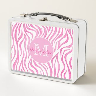 Pink Watercolor Zebra Print - Monogram Lunch Box