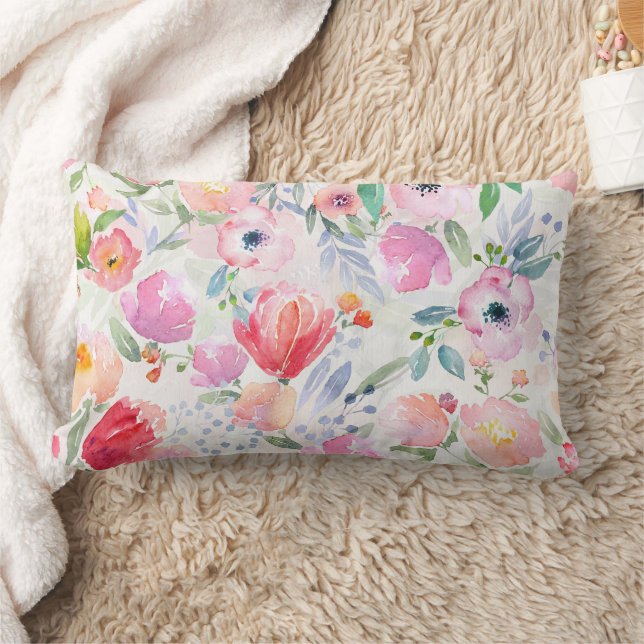 Pink watercolored florals white lumbar pillow (Blanket)