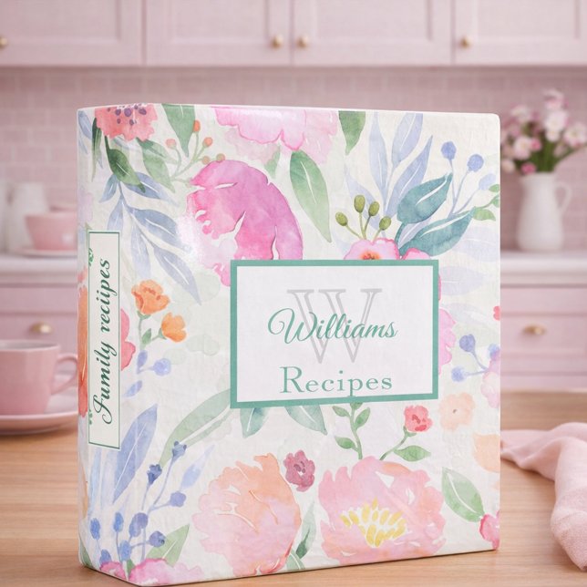 Pink watercolored flowers boho family recipes 3 ring binder (Creator Uploaded)