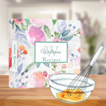 Pink watercolored flowers boho family recipes 3 ring binder