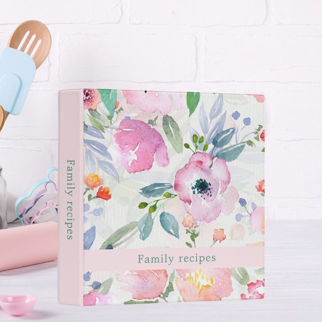 Pink watercolored flowers recipes 3 ring binder (Creator Uploaded)