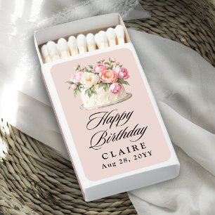 Pink WatercolorFloral Cake Feminine Birthday Party Matchboxes