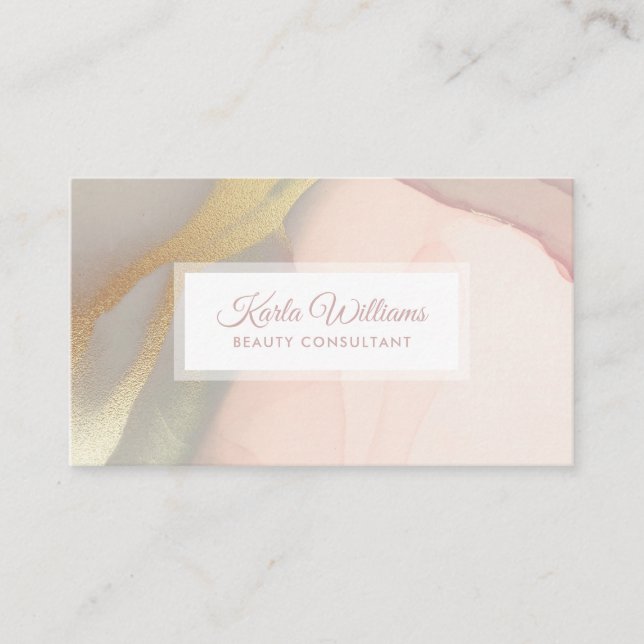 Pink watercolors and gold background business card (Front)