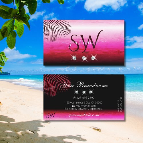 Pink Watercolors Palm Leaves Diamonds and Initials Business Card