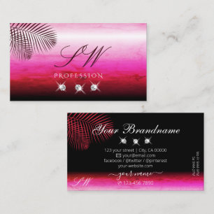 Pink Watercolors Palm Leaves Diamonds and Monogram Business Card