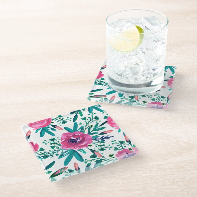 Pink Watercolors Roses Glass Coaster (Angled)